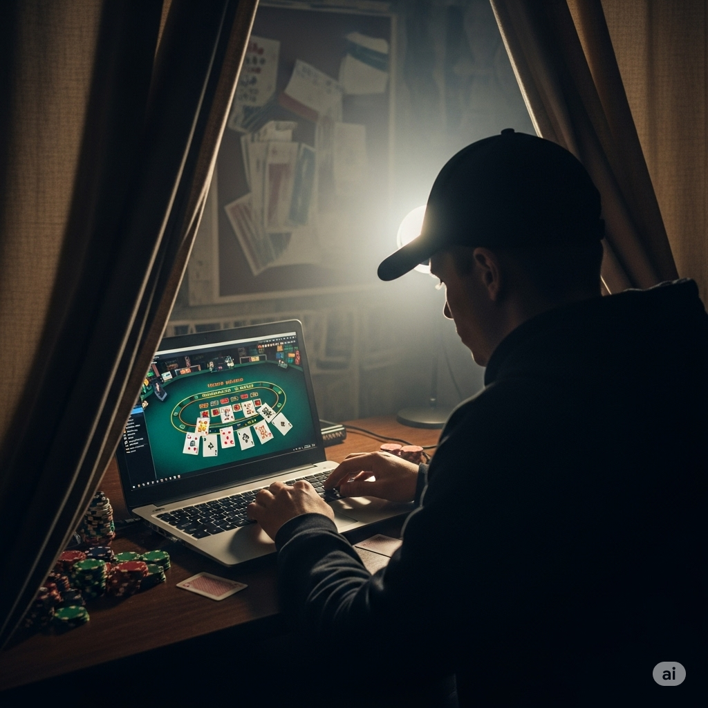 crie uma imagem real para meu artigo com esse titulo: O Fenômeno das Bets: Entre a Ilusão de Controle e os Riscos Reais (alguem jogando cassino online escondido por exemplo)